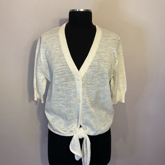 White + Warren Linen Blend Knit Toe Top Buttons Short Sleeve Ivory White - Picture 5 of 10